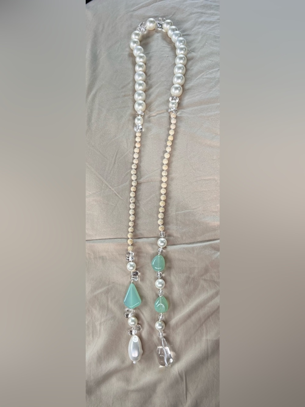 Vintage Pearl and Mint Glass Bead Long Necklace